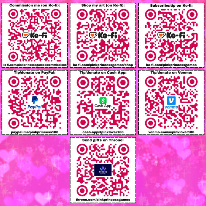 a collage of QR codes that lead to my various support links. top left leads to my ko-fi commissions, top middle leads to my ko-fi shop, top right leads to my ko-fi page, middle right leads to my paypal, middle middle leads my cash app, middle right leads t