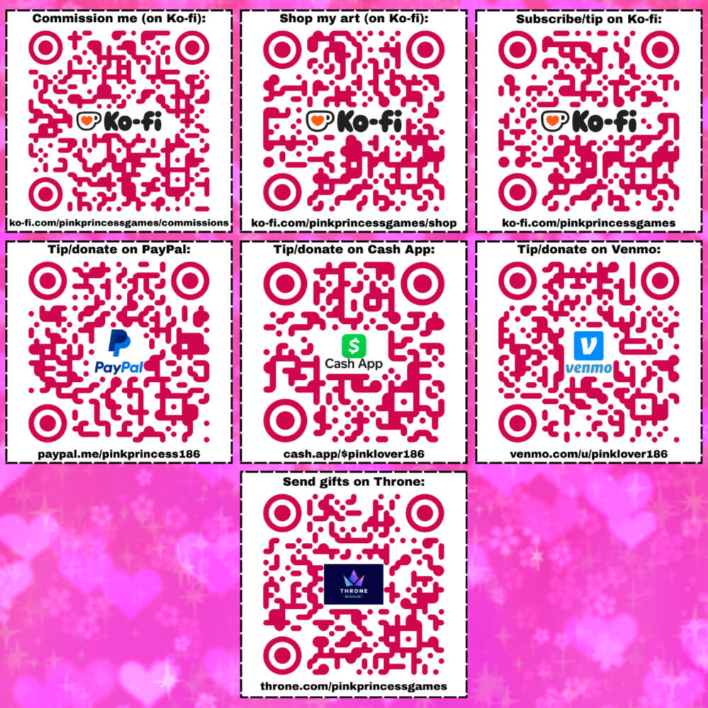 a collage of QR codes that lead to my various support links. top left leads to my ko-fi commissions, top middle leads to my ko-fi shop, top right leads to my ko-fi page, middle right leads to my paypal, middle middle leads my cash app, middle right leads t